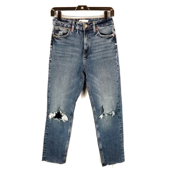 Zara High Rise Distressed Cropped Mom Raw Hem Jeans Size 4 - Picture 1 of 6